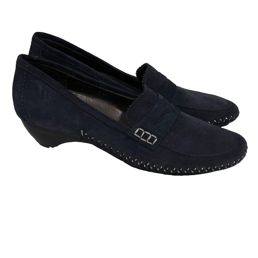 Donald Pliner Low-Chunky Demi-Wedge Heel Blue Suede Loafers Size 8.5 Petra EUC
